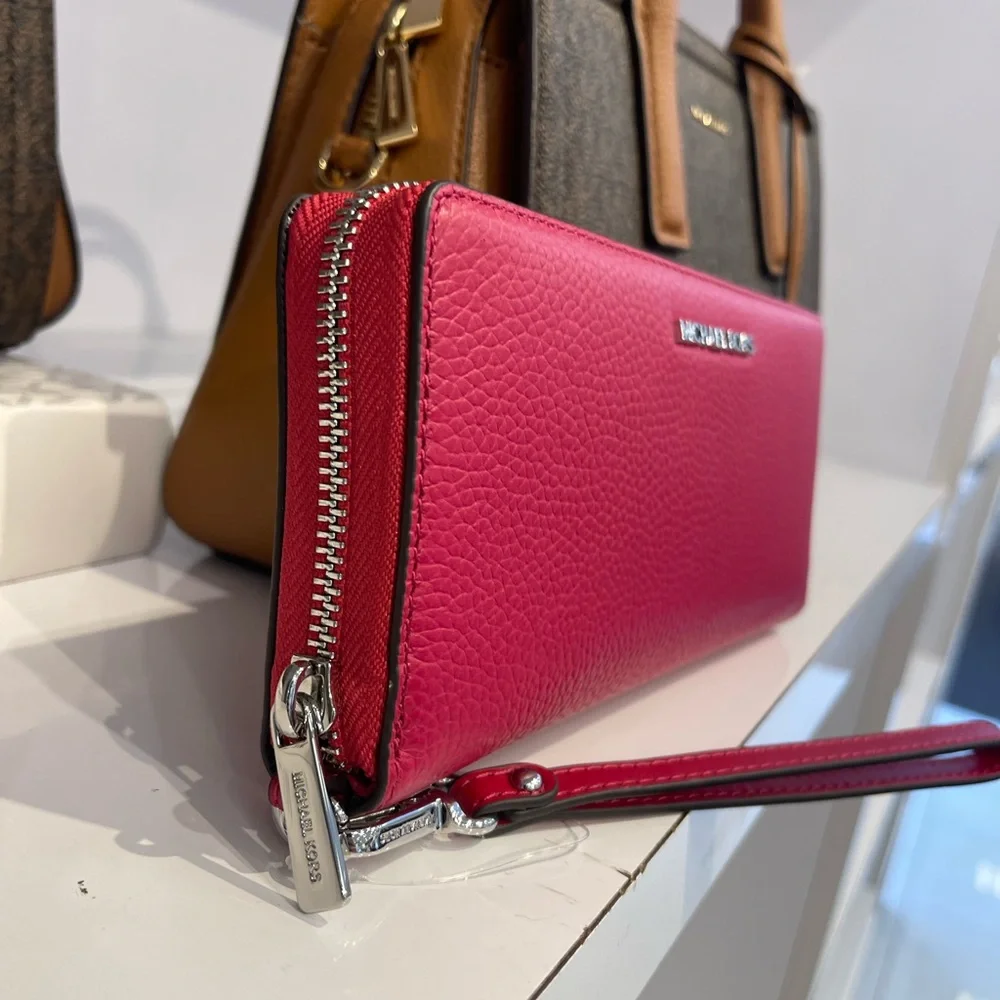MICHAEL KORS Lg Pebbled Leather Continental Wallet Wristlet Phone Dark Raspberry